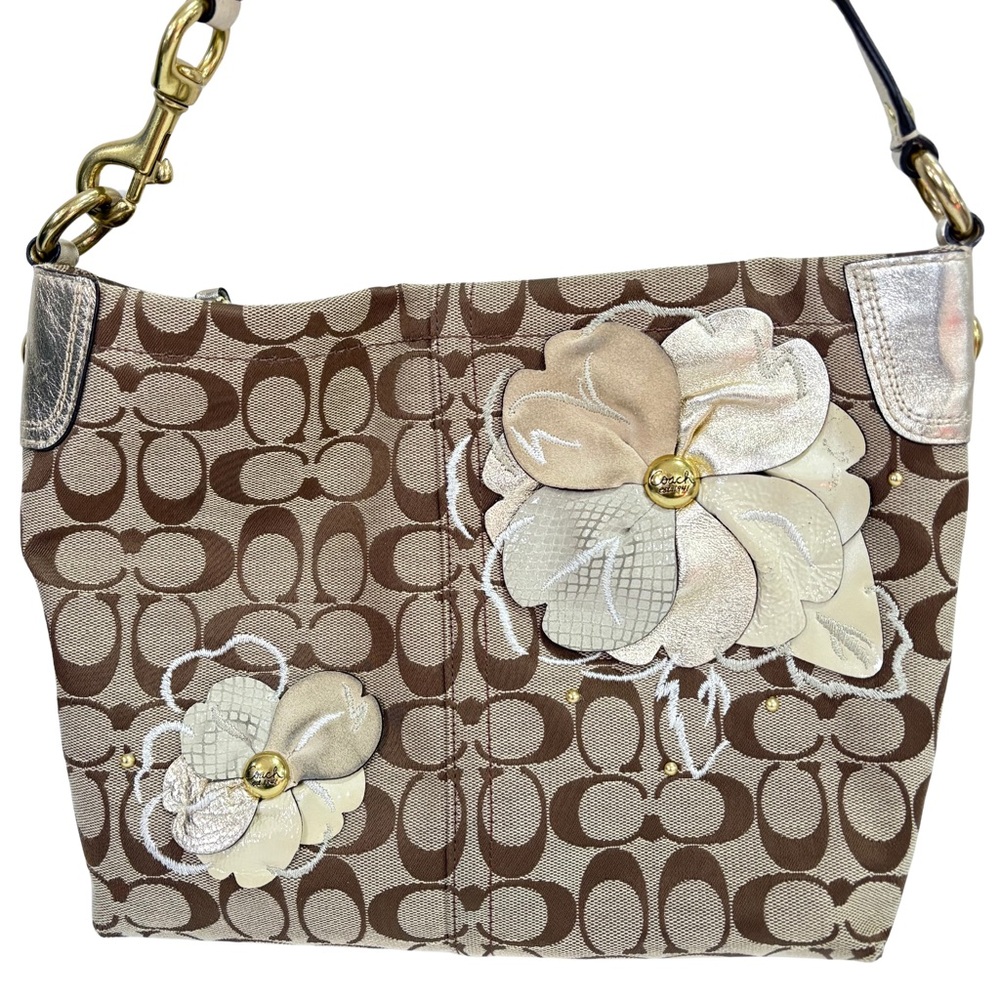 Coach Leather Floral Carly Khaki Gold Shoulder Bag F16879